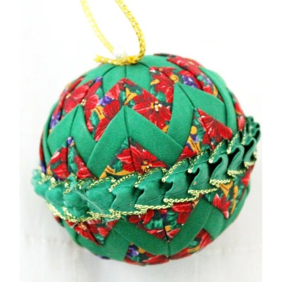 Quilted Christmas Ornament Green Red Floral Pattern Poinsettias Ribbon Decorated - Picture 3 of 8